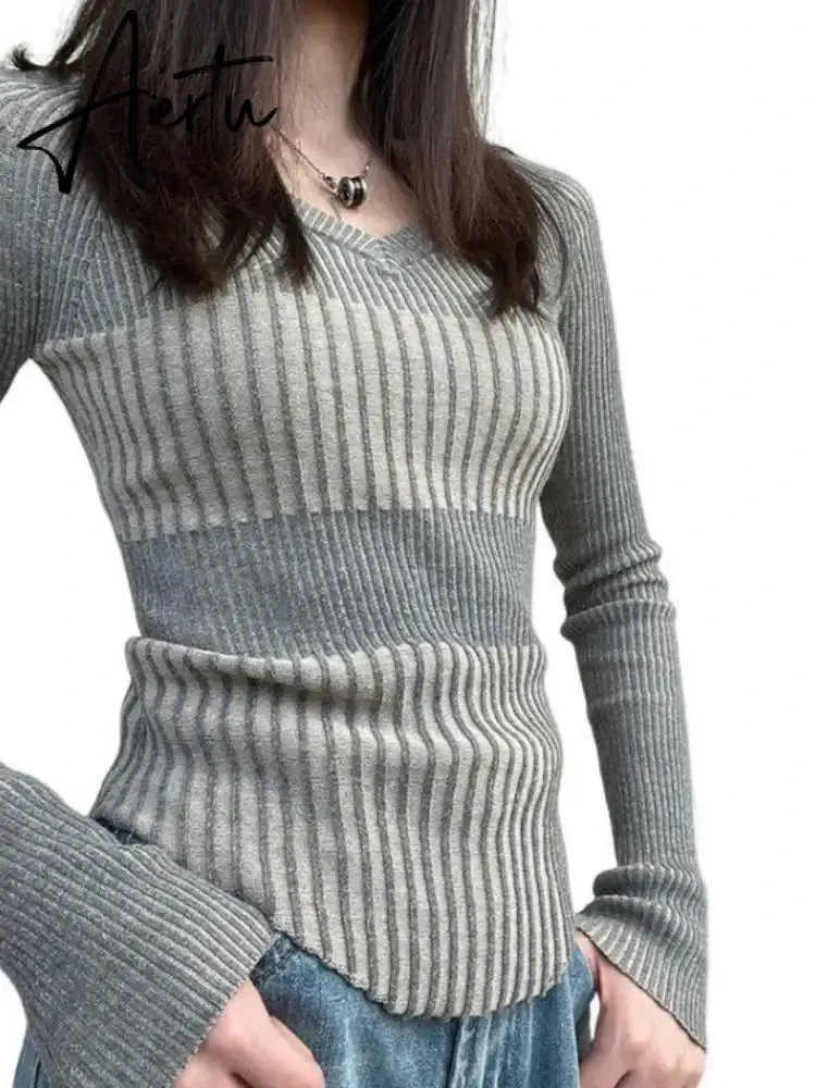 Aiertu Vintage Elegant Striped V Neck Sweaters Fashion Slim Women Knitted Y2k Aesthetic Pullovers Korean All Match Grunge Sueter