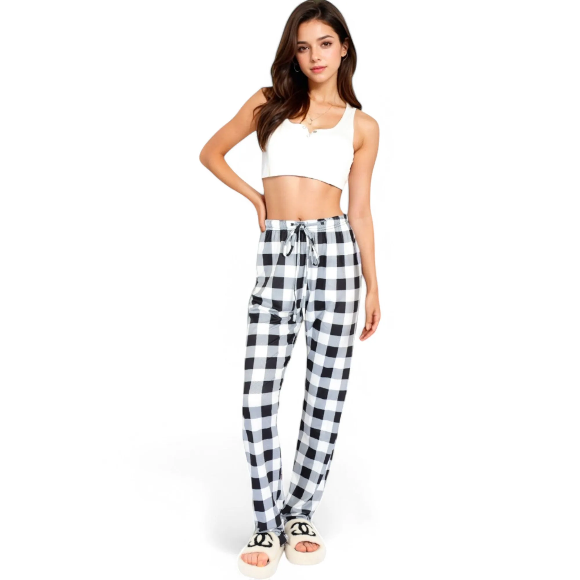 Anna-Kaci Women's Plaid Flannel Lounge Pants with Elastic Waistband and Adjustable Drawstring