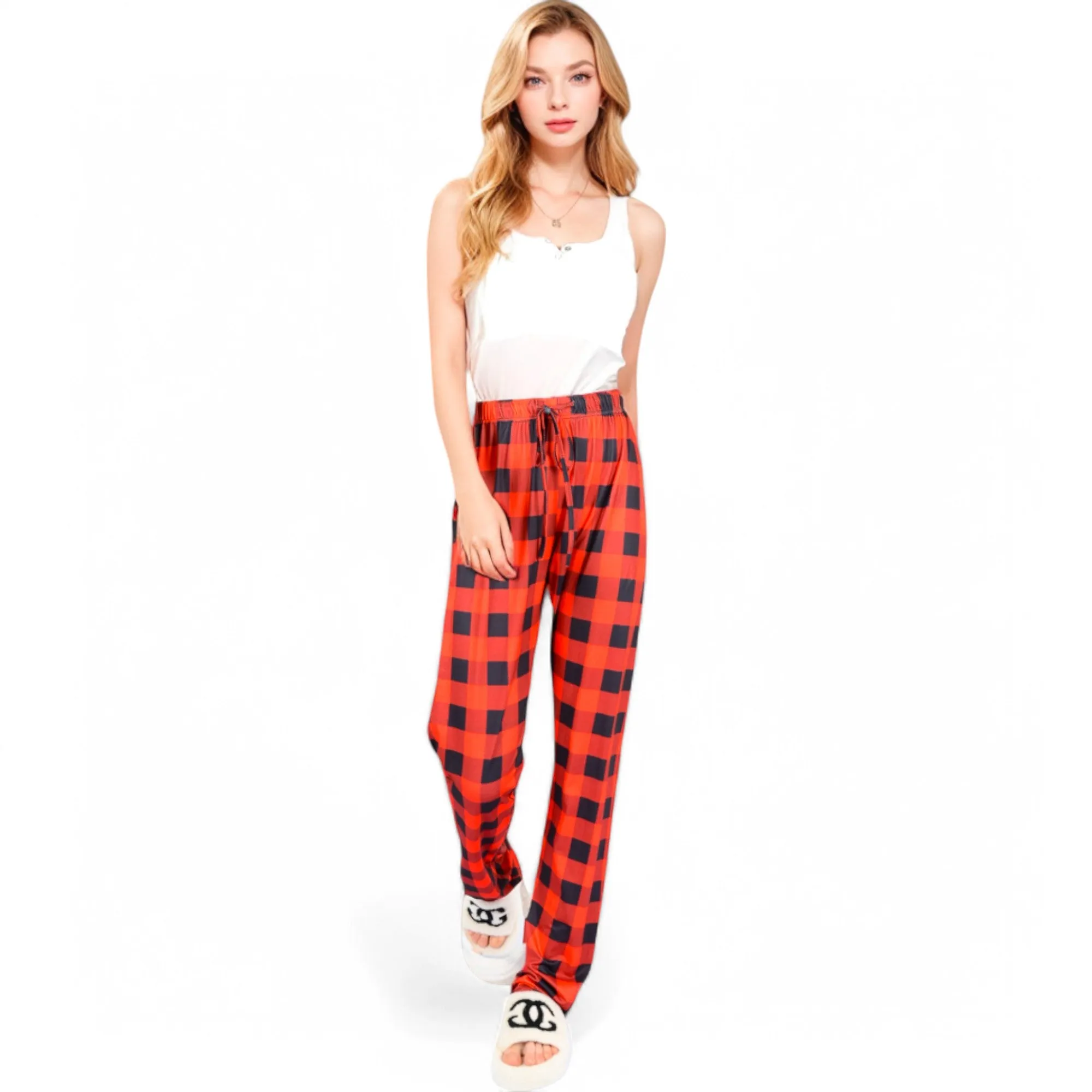 Anna-Kaci Women's Plaid Flannel Lounge Pants with Elastic Waistband and Adjustable Drawstring