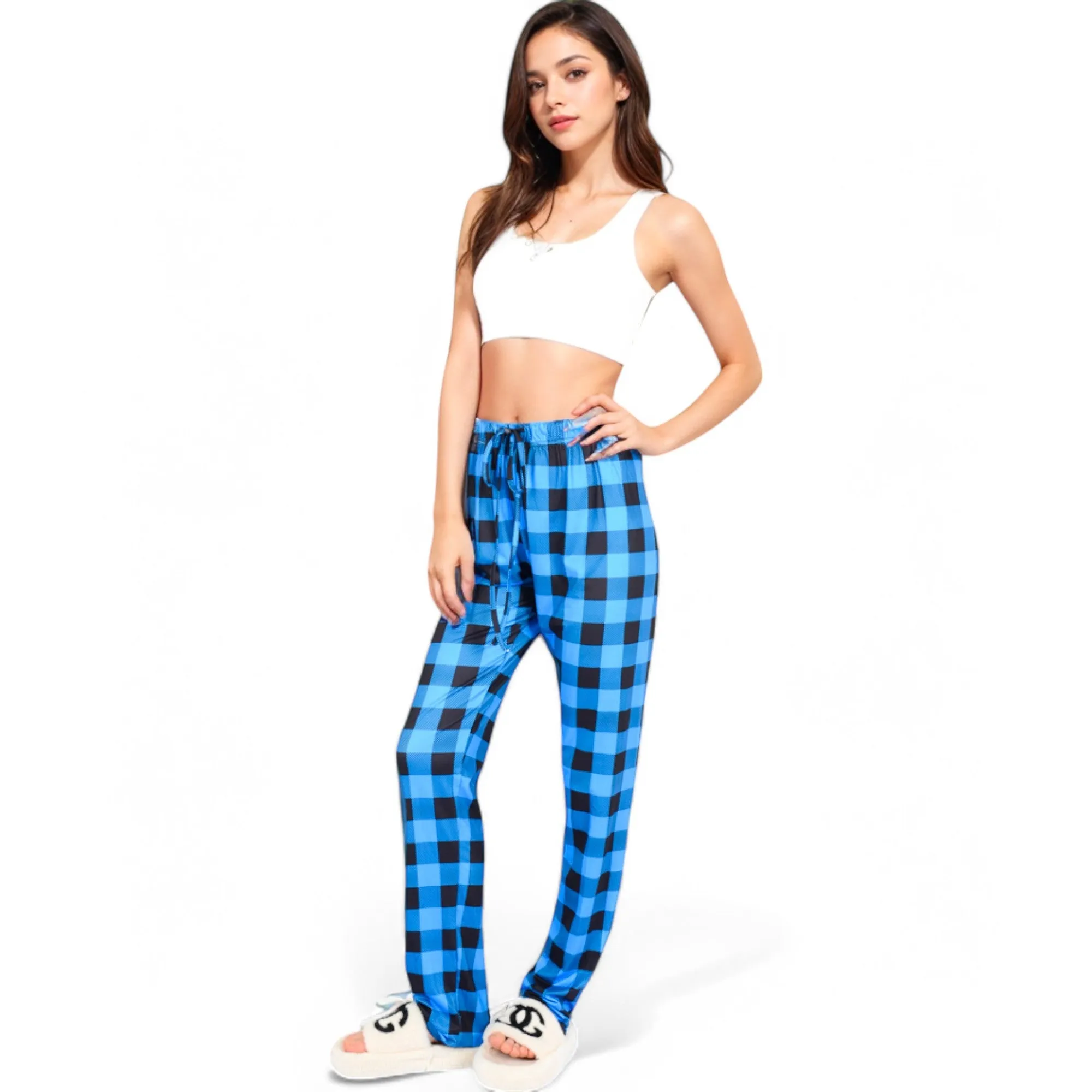 Anna-Kaci Women's Plaid Flannel Lounge Pants with Elastic Waistband and Adjustable Drawstring