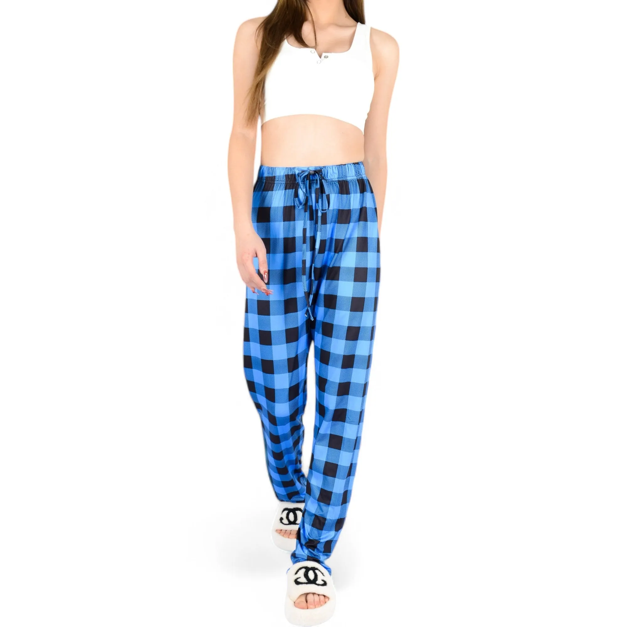 Anna-Kaci Women's Plaid Flannel Lounge Pants with Elastic Waistband and Adjustable Drawstring