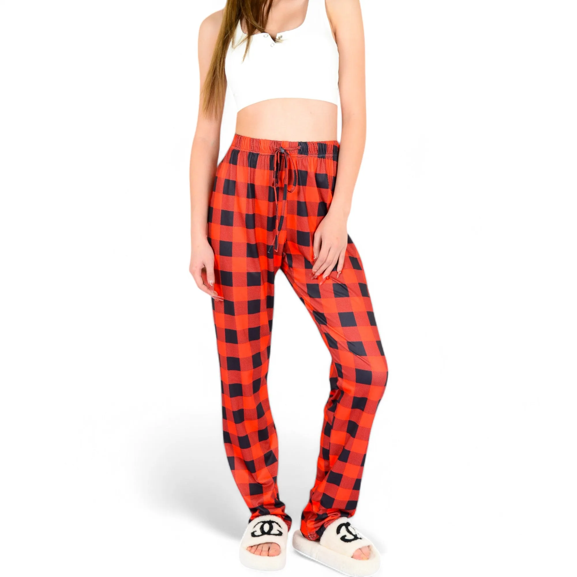 Anna-Kaci Women's Plaid Flannel Lounge Pants with Elastic Waistband and Adjustable Drawstring