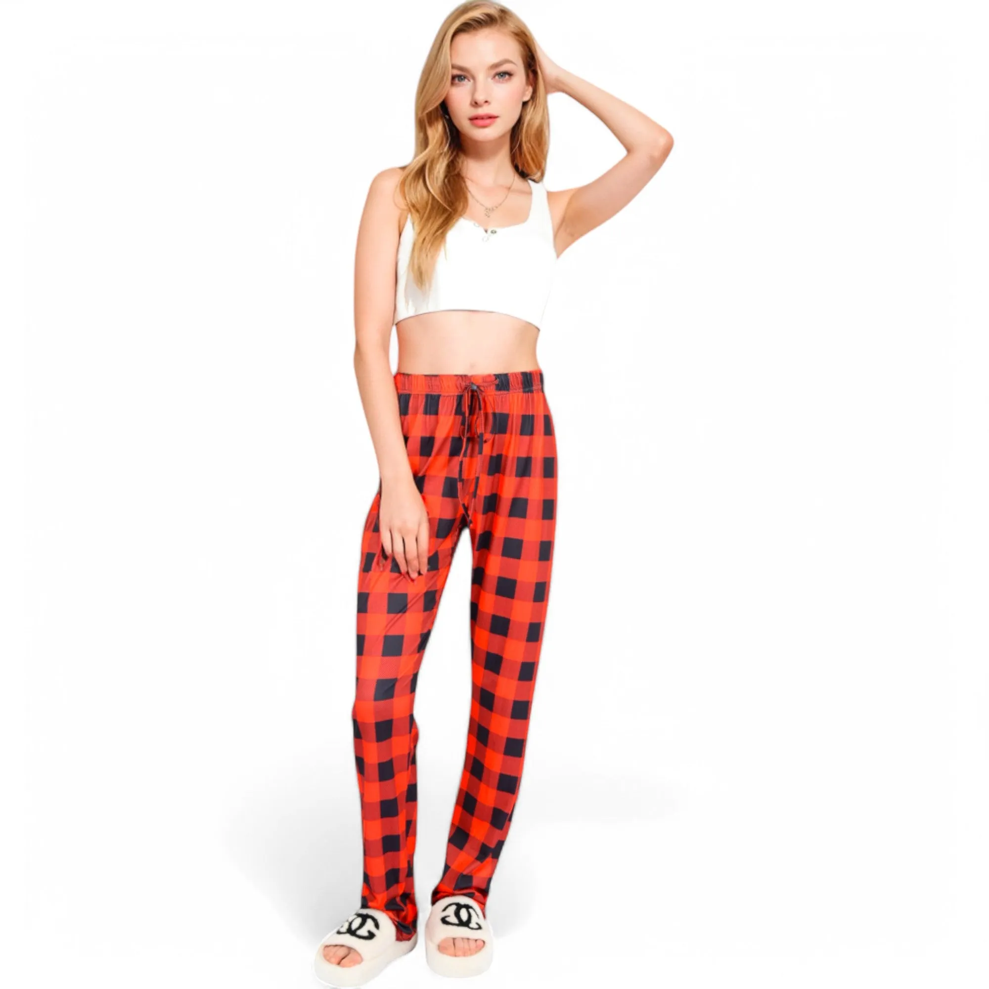 Anna-Kaci Women's Plaid Flannel Lounge Pants with Elastic Waistband and Adjustable Drawstring