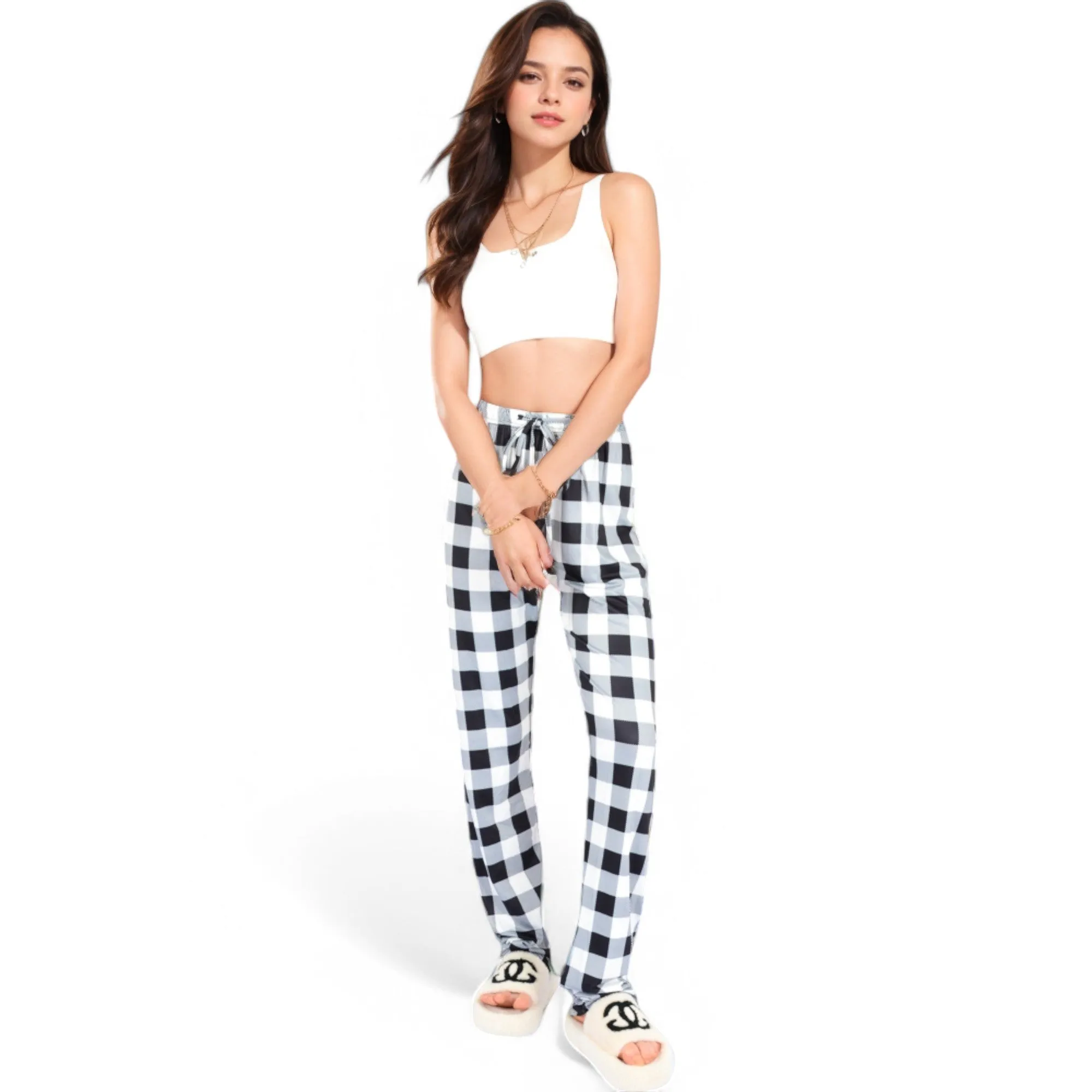 Anna-Kaci Women's Plaid Flannel Lounge Pants with Elastic Waistband and Adjustable Drawstring