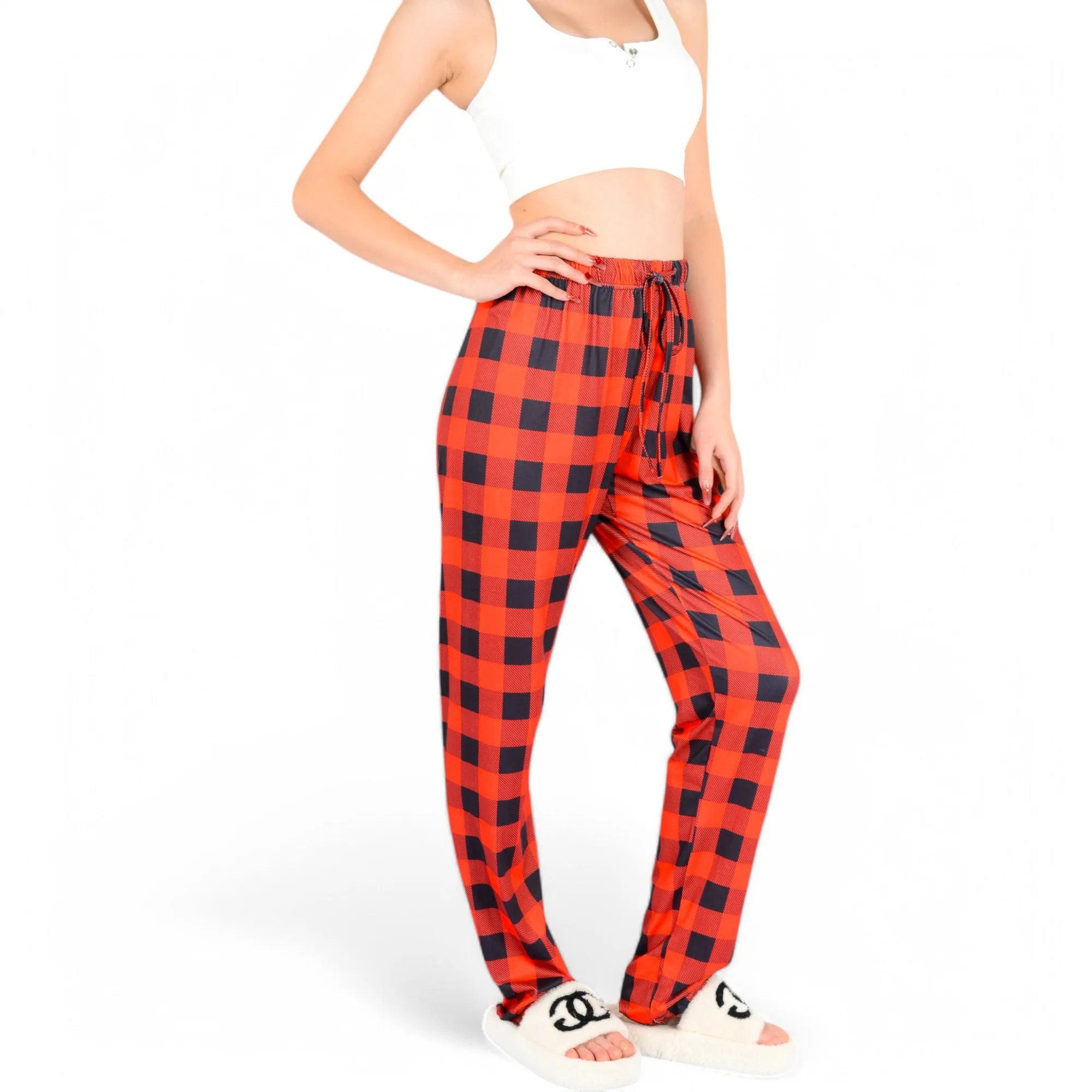 Anna-Kaci Women's Plaid Flannel Lounge Pants with Elastic Waistband and Adjustable Drawstring