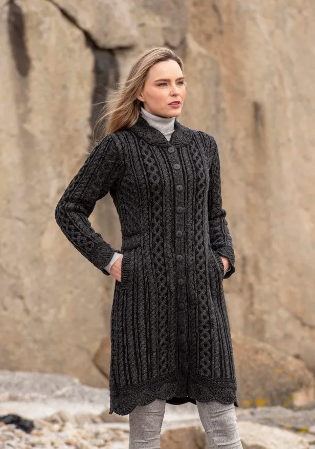 Aran Crafts Scallop Edge Coat  | Charcoal