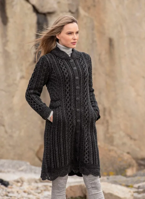 Aran Crafts Scallop Edge Coat  | Charcoal