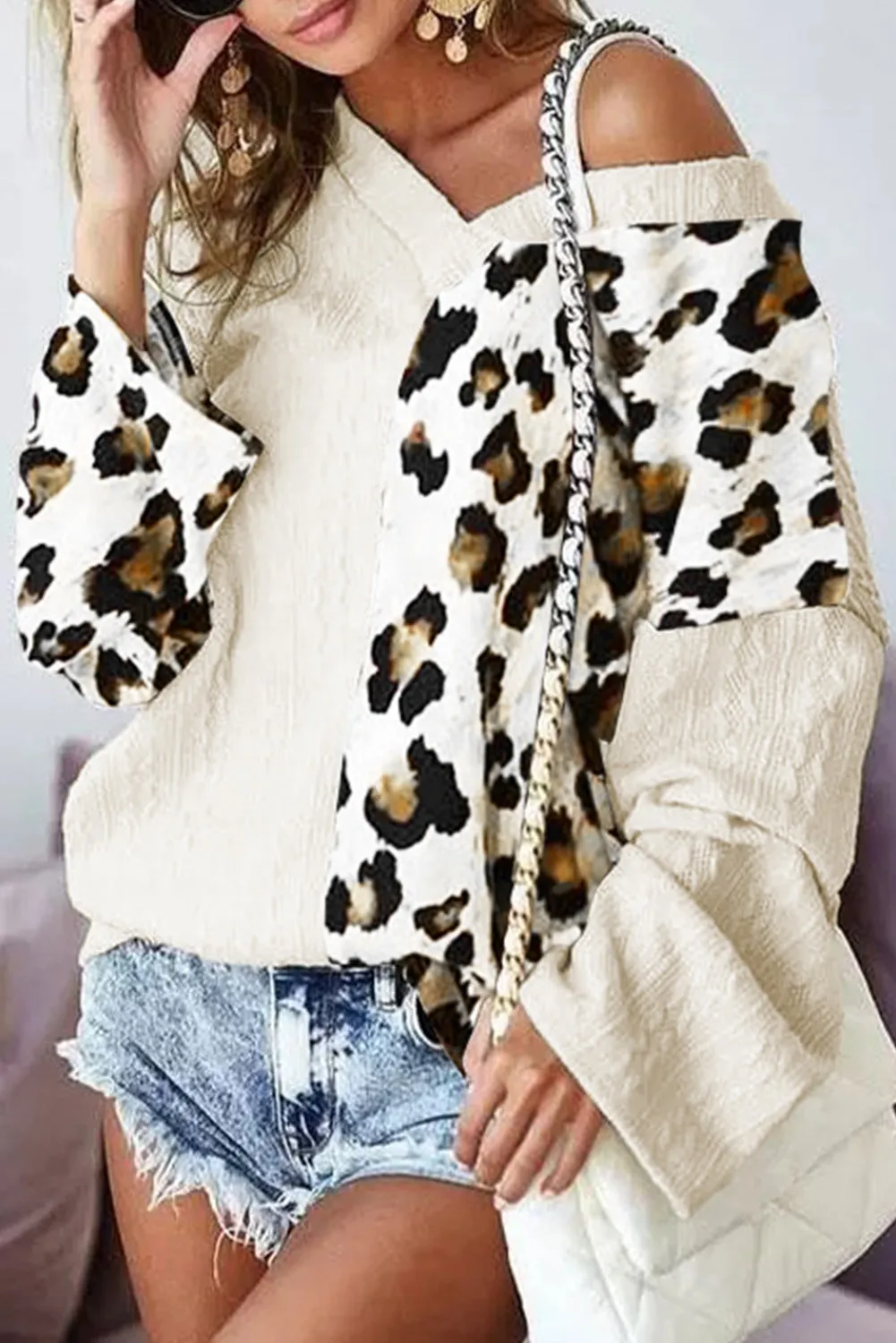 Asymmetric Leopard Patchwork Wide Sleeve V Neck Sweater