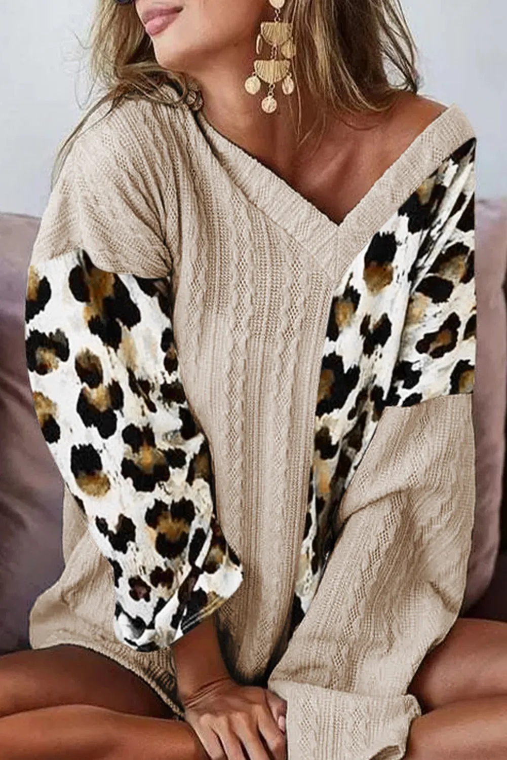 Asymmetric Leopard Patchwork Wide Sleeve V Neck Sweater