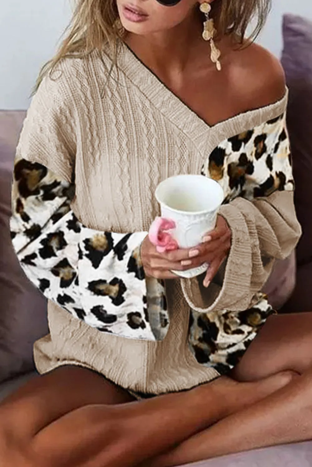 Asymmetric Leopard Patchwork Wide Sleeve V Neck Sweater