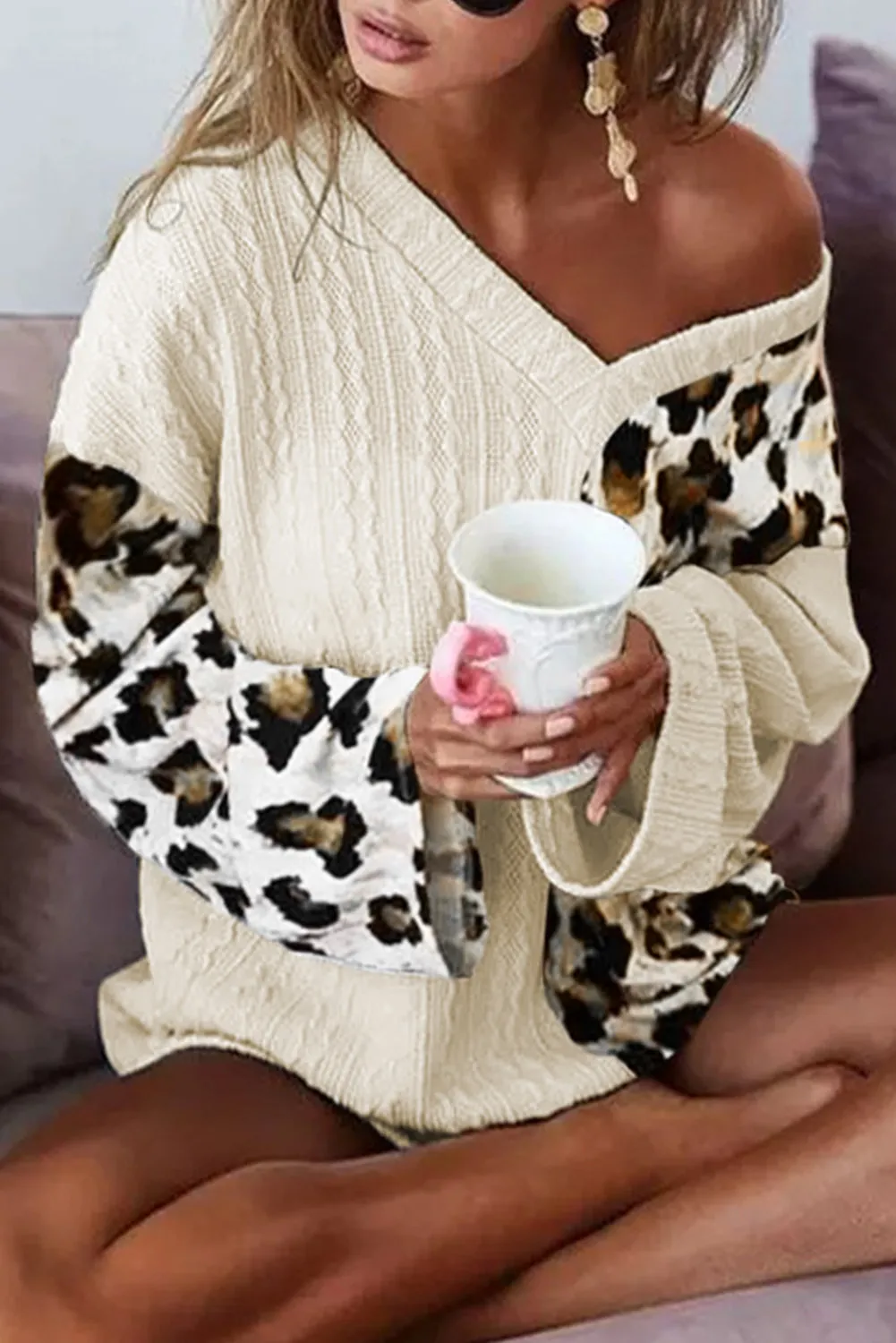 Asymmetric Leopard Patchwork Wide Sleeve V Neck Sweater