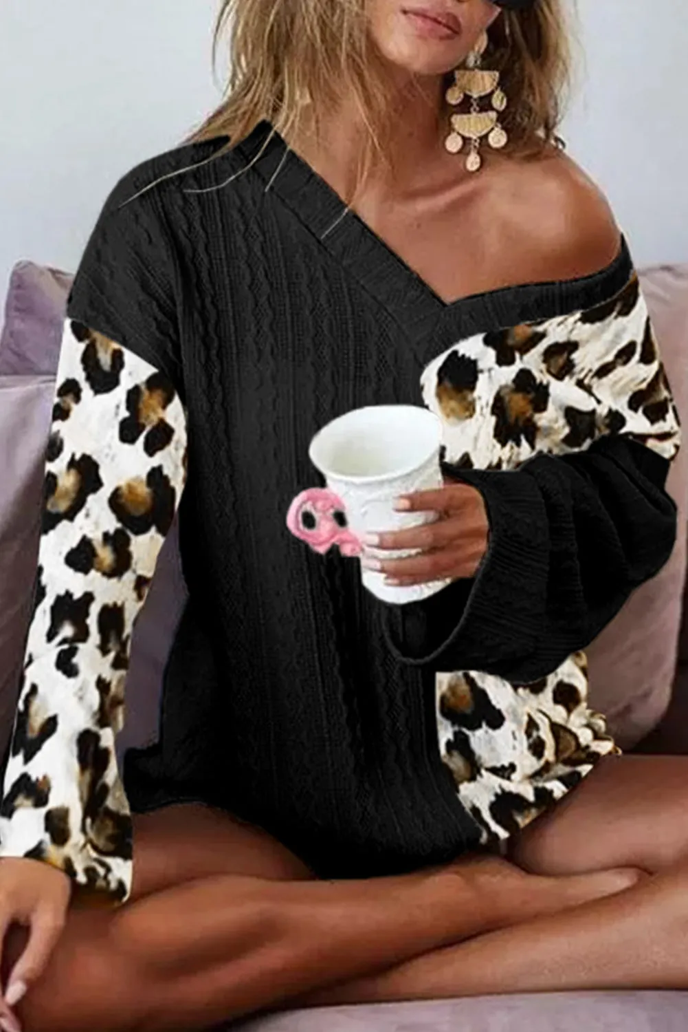 Asymmetric Leopard Patchwork Wide Sleeve V Neck Sweater