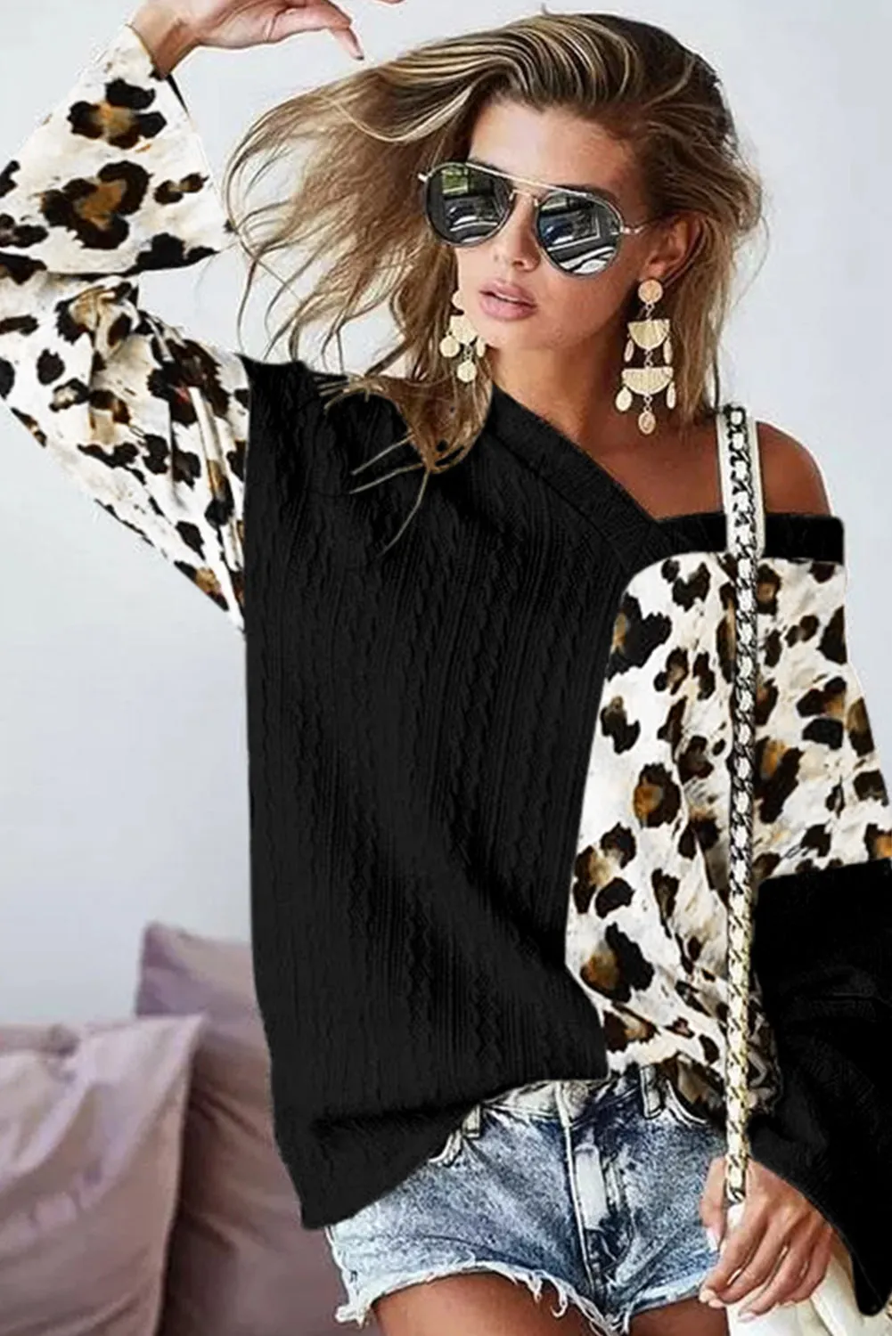 Asymmetric Leopard Patchwork Wide Sleeve V Neck Sweater