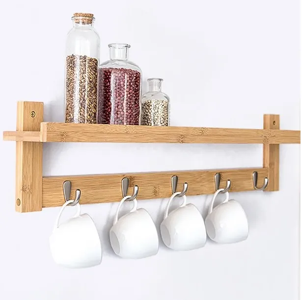 Bamboo wall rack with hooks