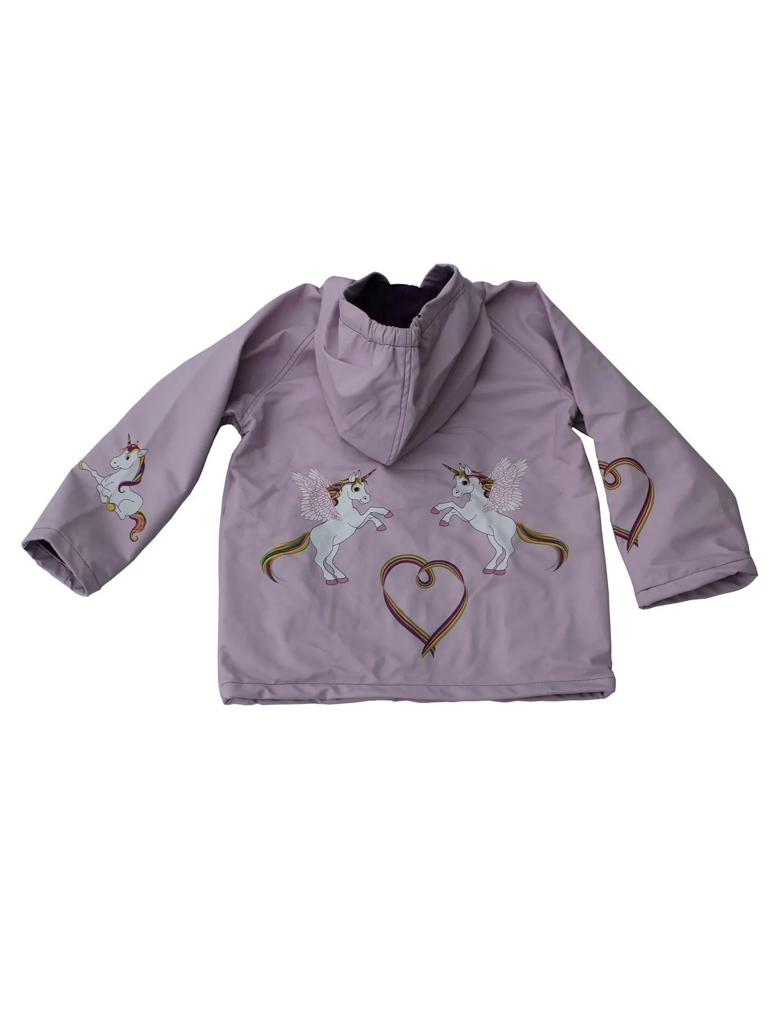 Big Girls Lilac Rainbow Heart Unicorn Print Hooded Rain Coat 8-10