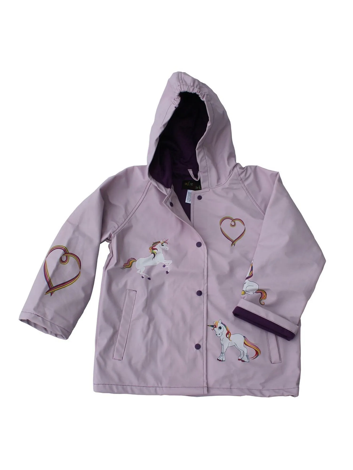 Big Girls Lilac Rainbow Heart Unicorn Print Hooded Rain Coat 8-10