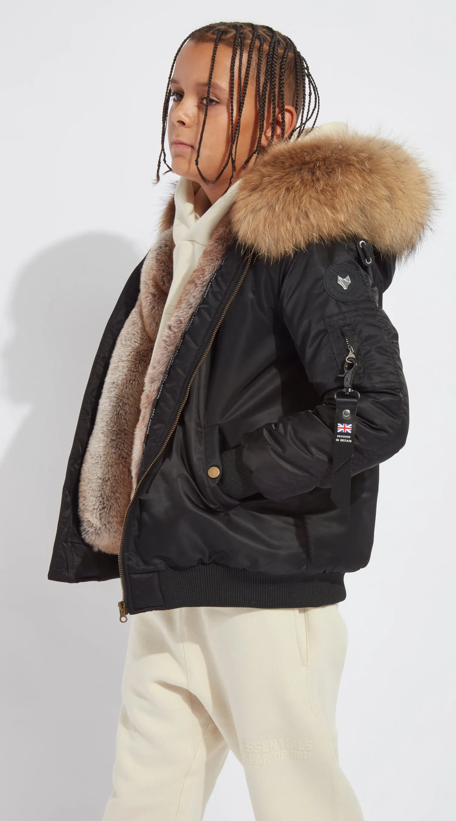 Boys Black Luxy Fur Bomber - Natural