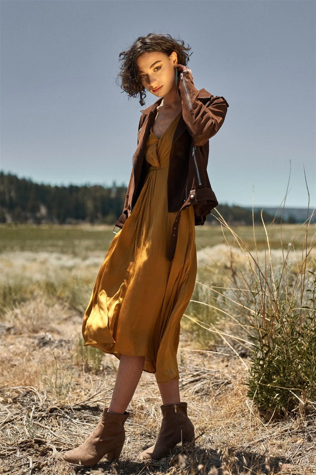 Brown Faux Suede Edgy Belted Hem Biker Jacket