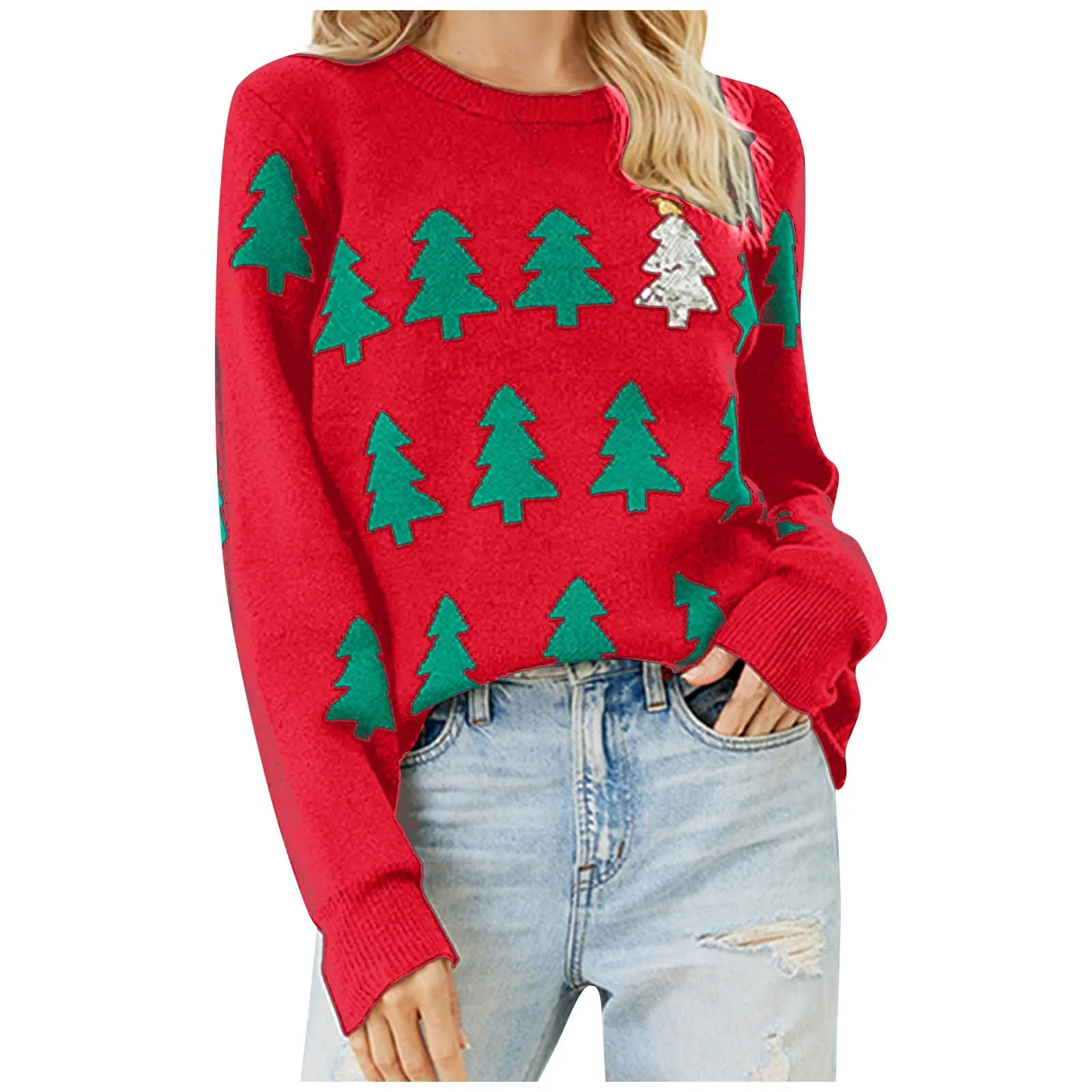 Christmas Tree Graphic Long Sleeve Crewneck Knitted Tops Pullover Sweater