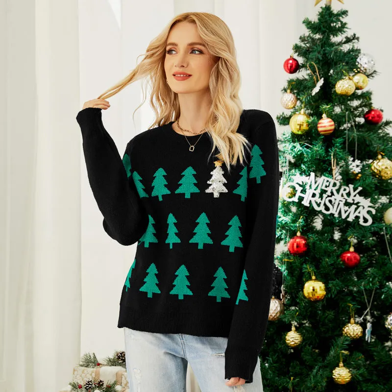 Christmas Tree Graphic Long Sleeve Crewneck Knitted Tops Pullover Sweater