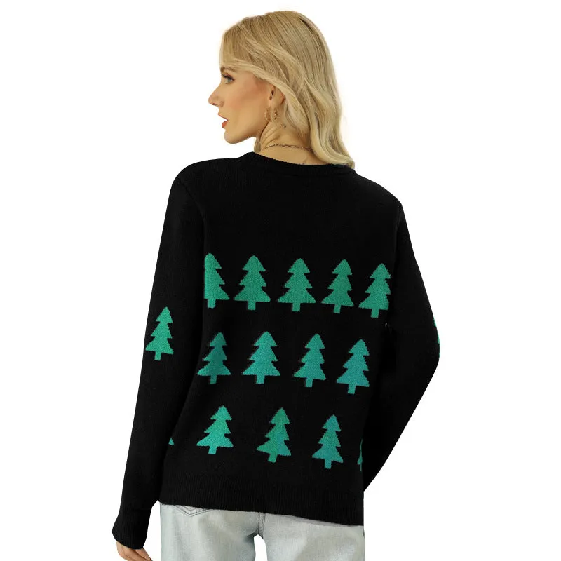 Christmas Tree Graphic Long Sleeve Crewneck Knitted Tops Pullover Sweater