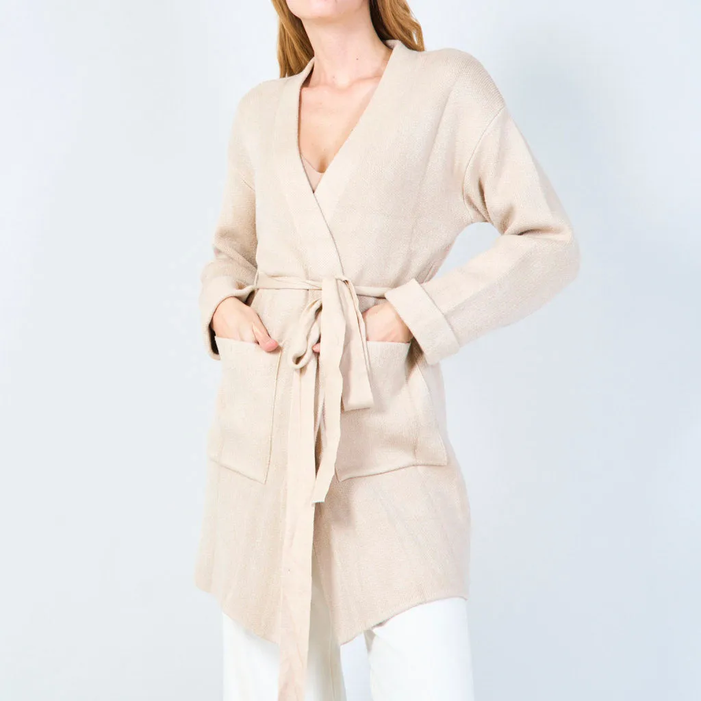 Classic open-front belted knit cardigan wholesale