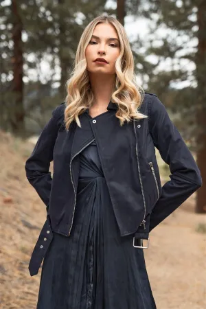 Deep Blue Faux Suede Edgy Belted Hem Biker Jacket