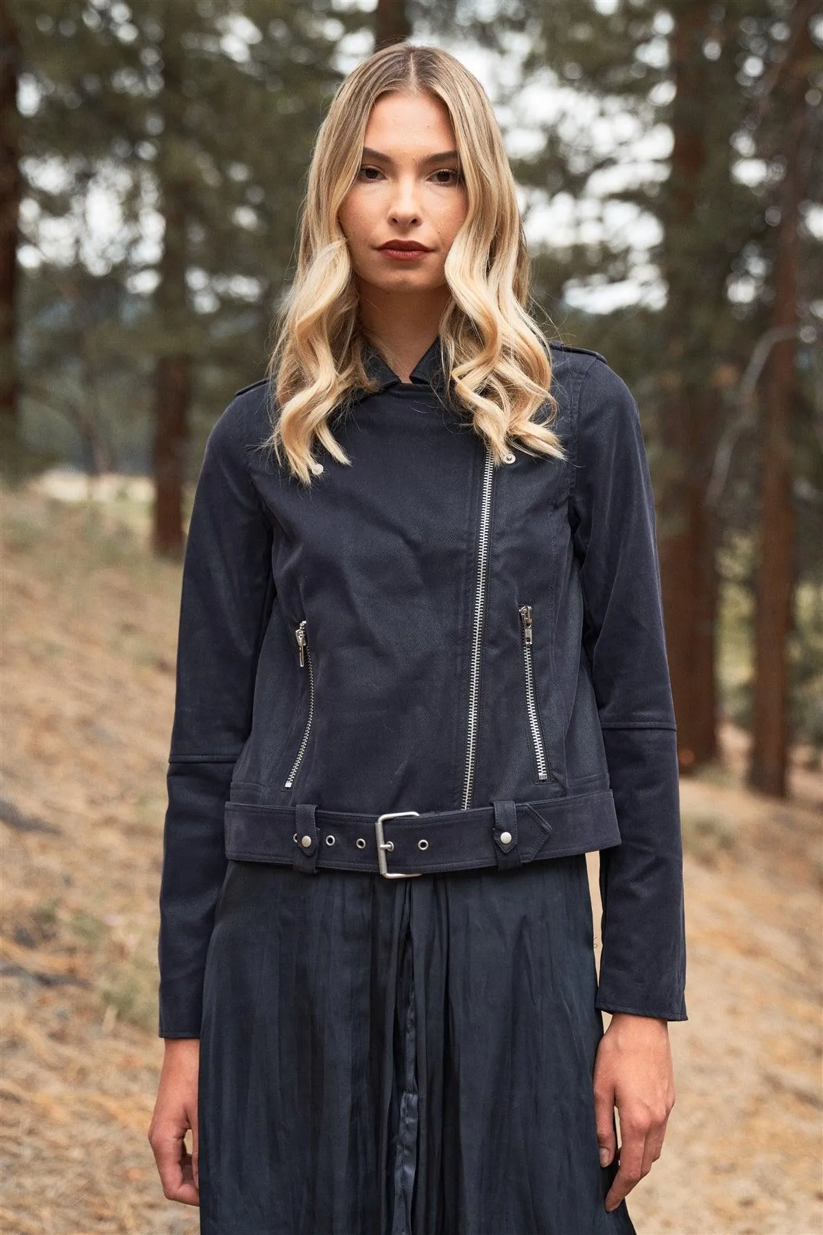 Deep Blue Faux Suede Edgy Belted Hem Biker Jacket