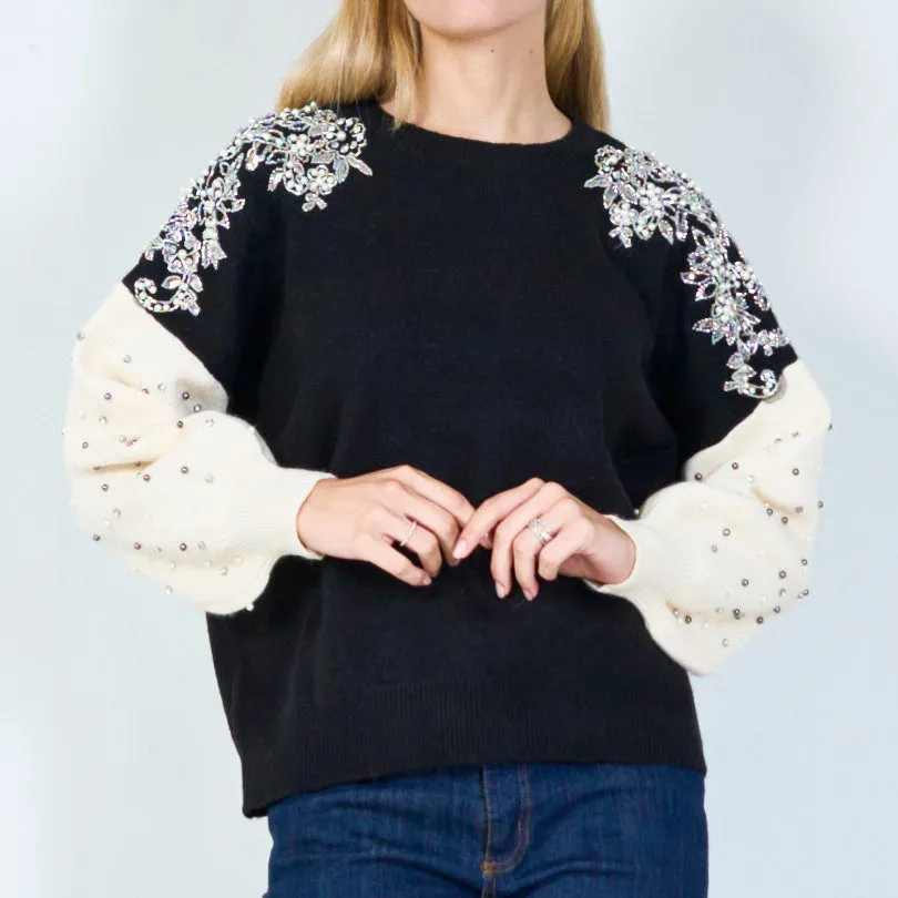 Elegant floral applique and bead detail sweater wholesale