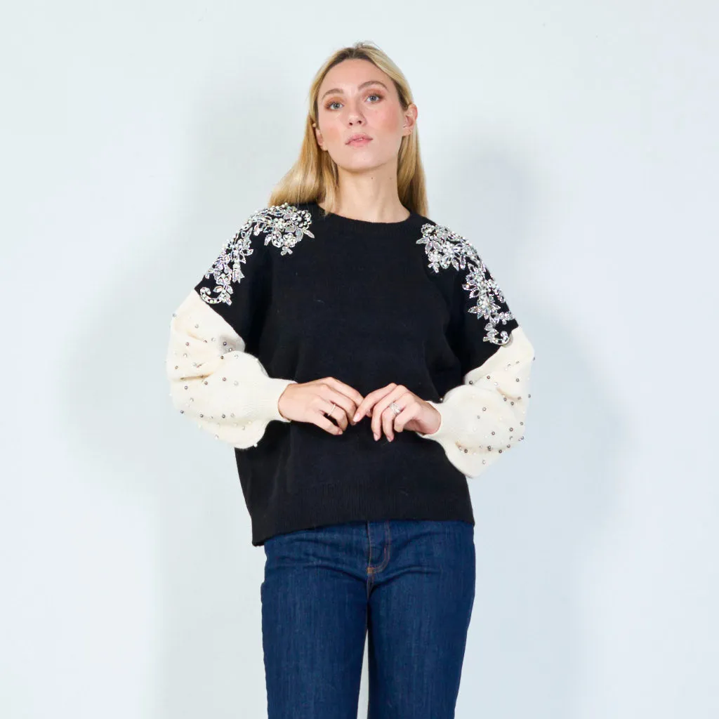 Elegant floral applique and bead detail sweater wholesale