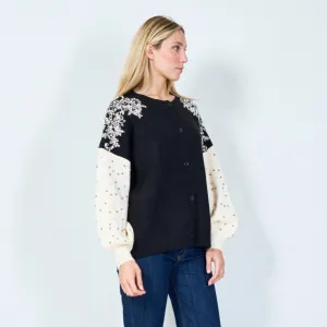 Elegant floral applique and bead detail sweater wholesale