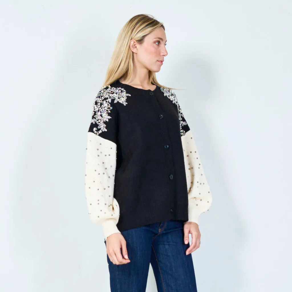 Elegant floral applique and bead detail sweater wholesale