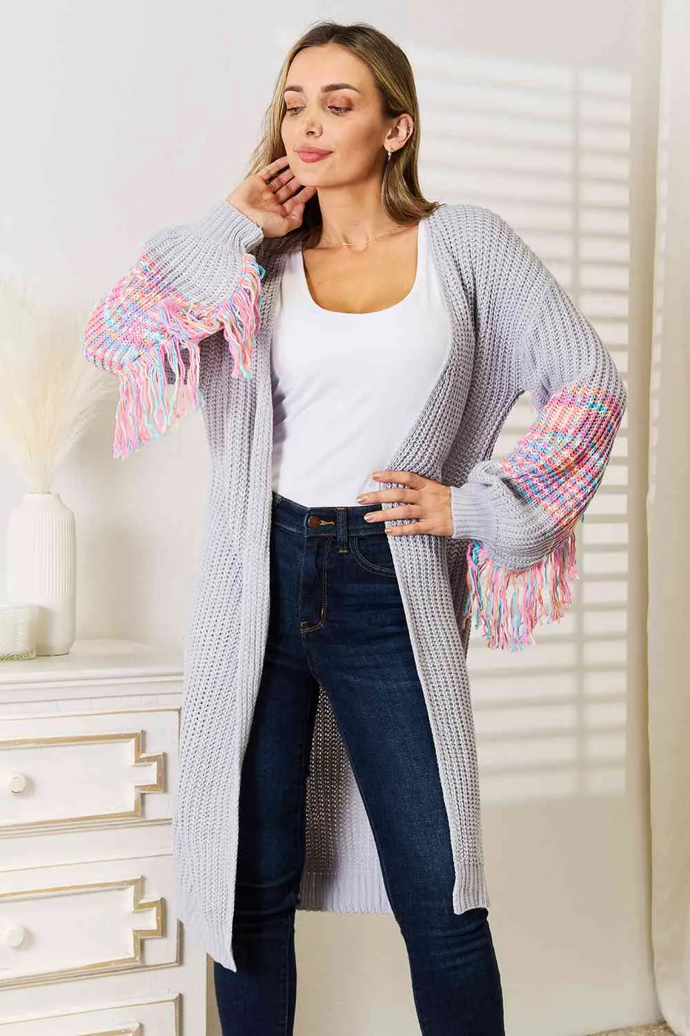 Fringe Sleeve Dropped Shoulder Cardigan