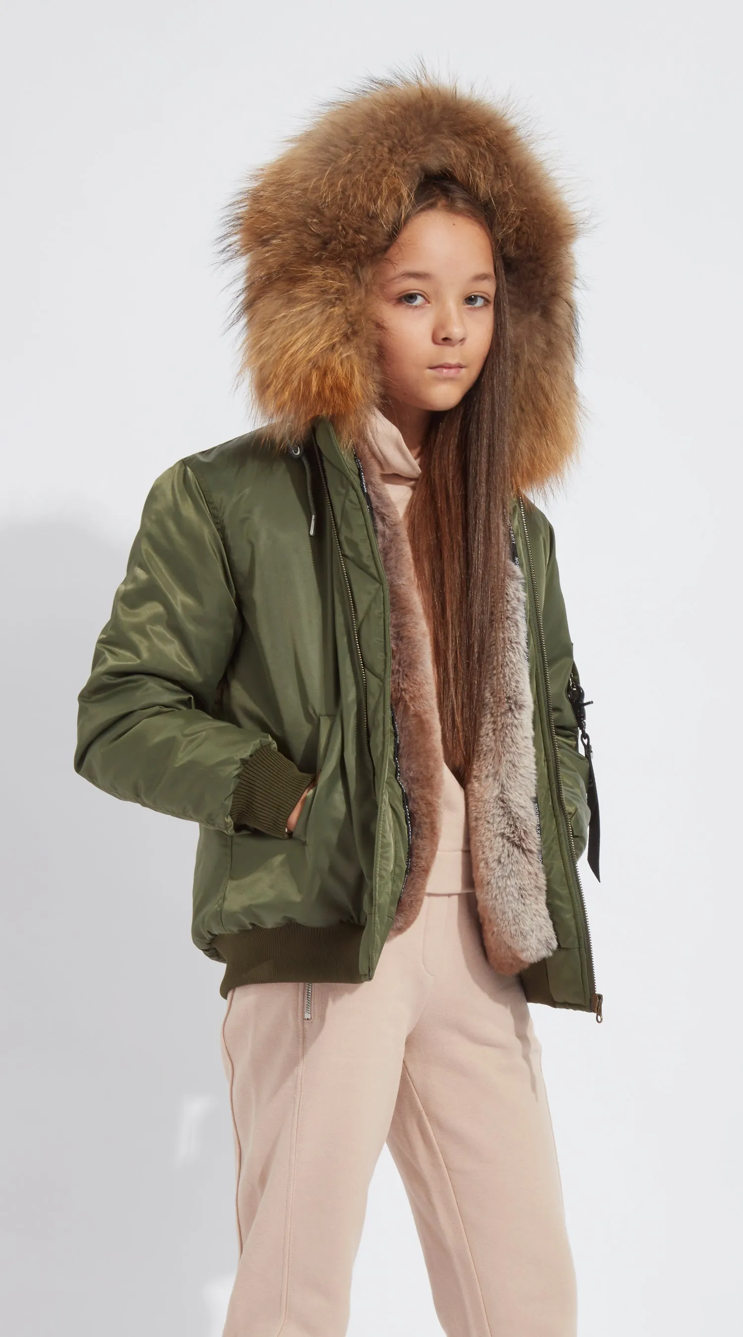 Girls Khaki Luxy Fur Bomber