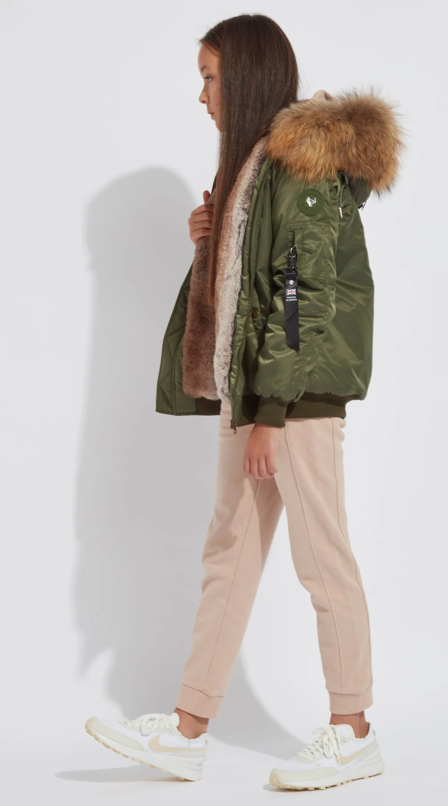 Girls Khaki Luxy Fur Bomber