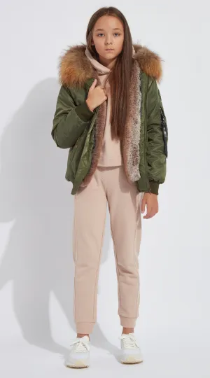 Girls Khaki Luxy Fur Bomber