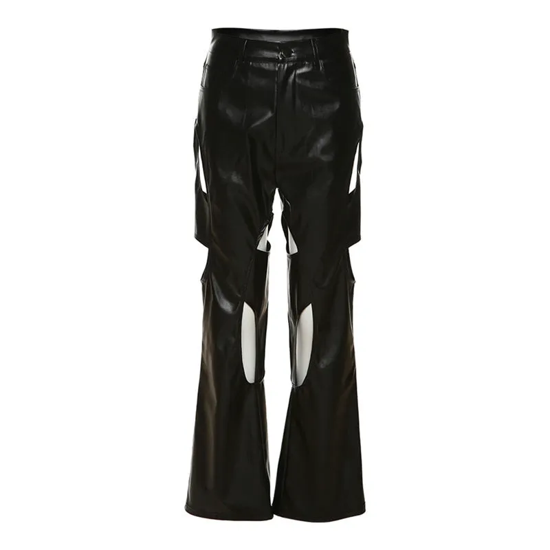 High Waist Straight Hollow Faux Leather Pants