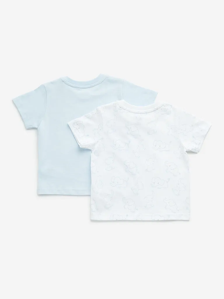 HOP Baby Light Blue Elephant Design Cotton T-Shirts - Pack of 2