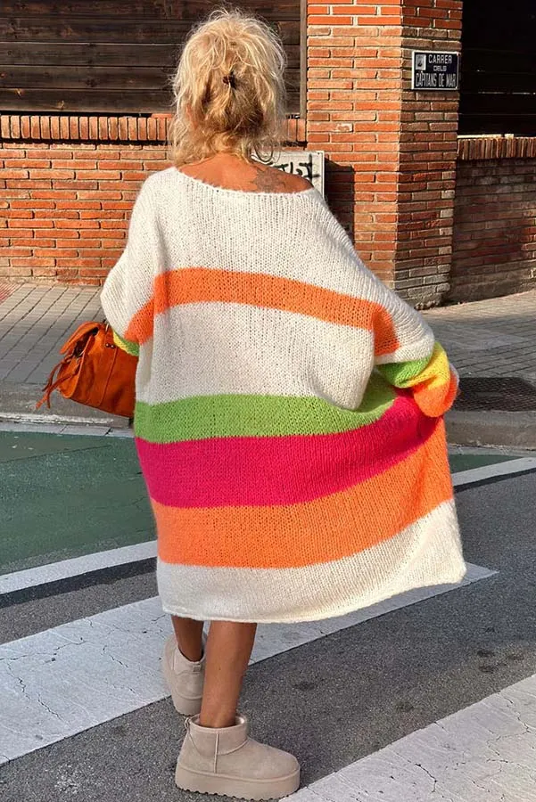 Ivyshape | Casual Peace Pattern Color Blocks Stripped Midi Sweater Dress