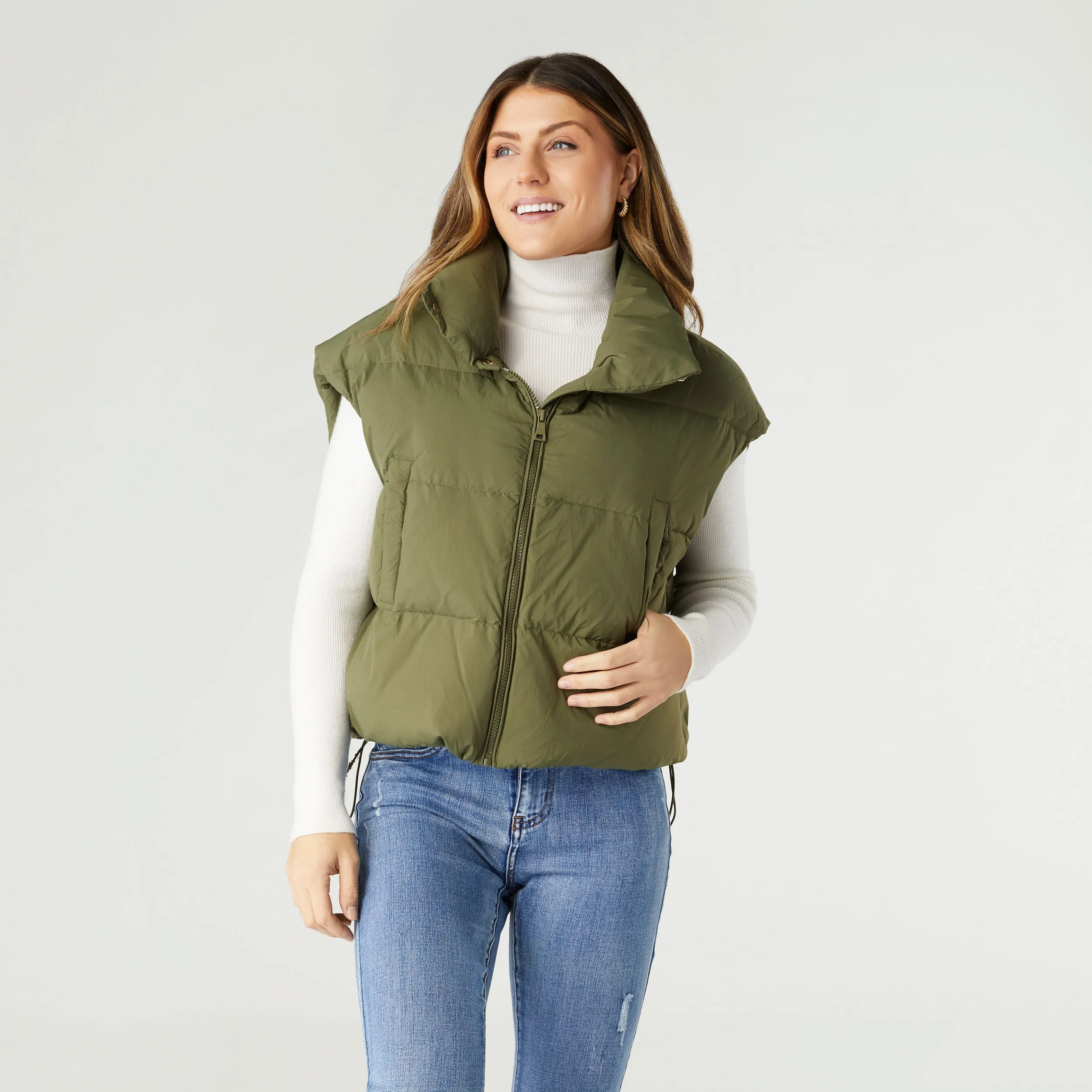 Jana Chunky Down Vest with Cinched Bottom in Olive