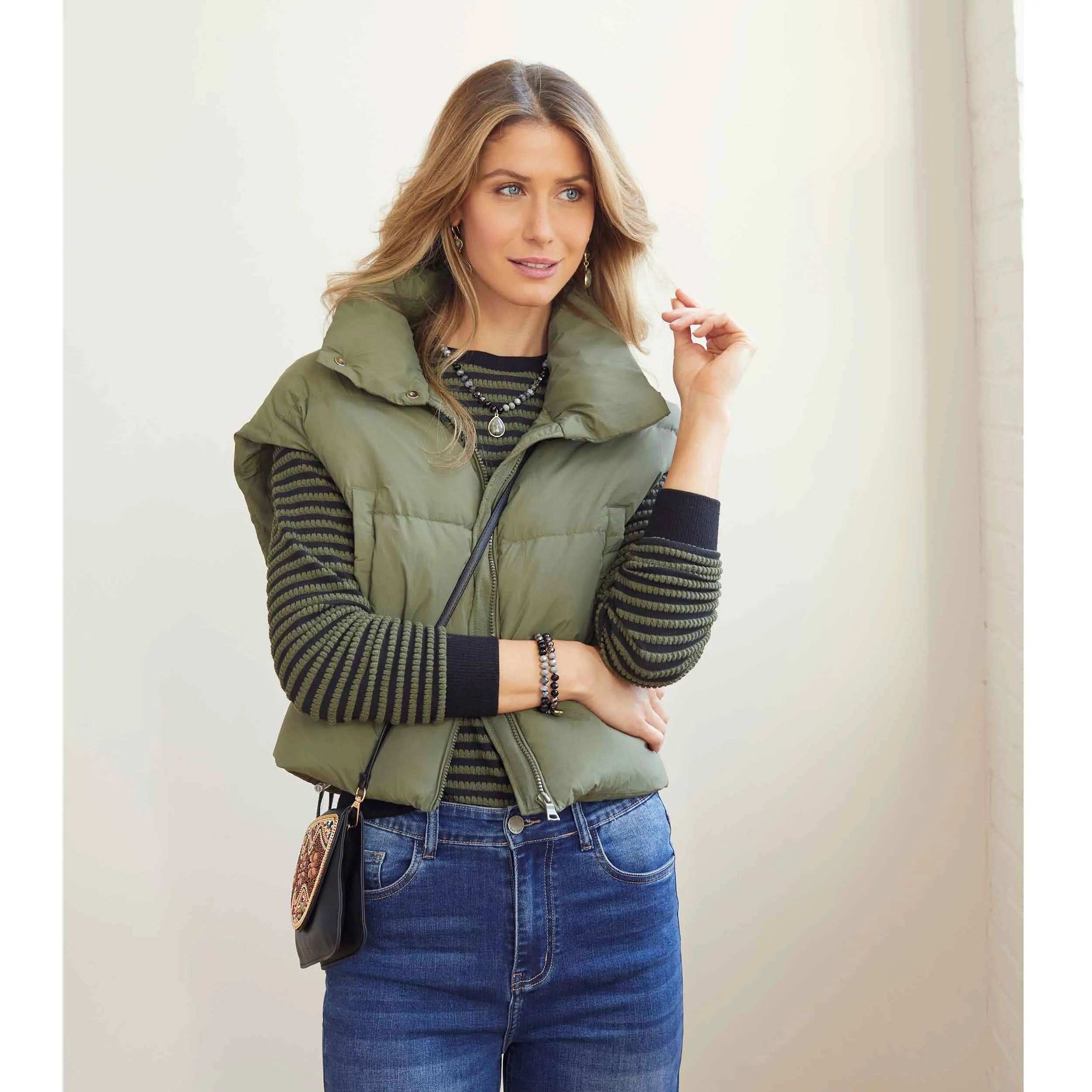 Jana Chunky Down Vest with Cinched Bottom in Olive