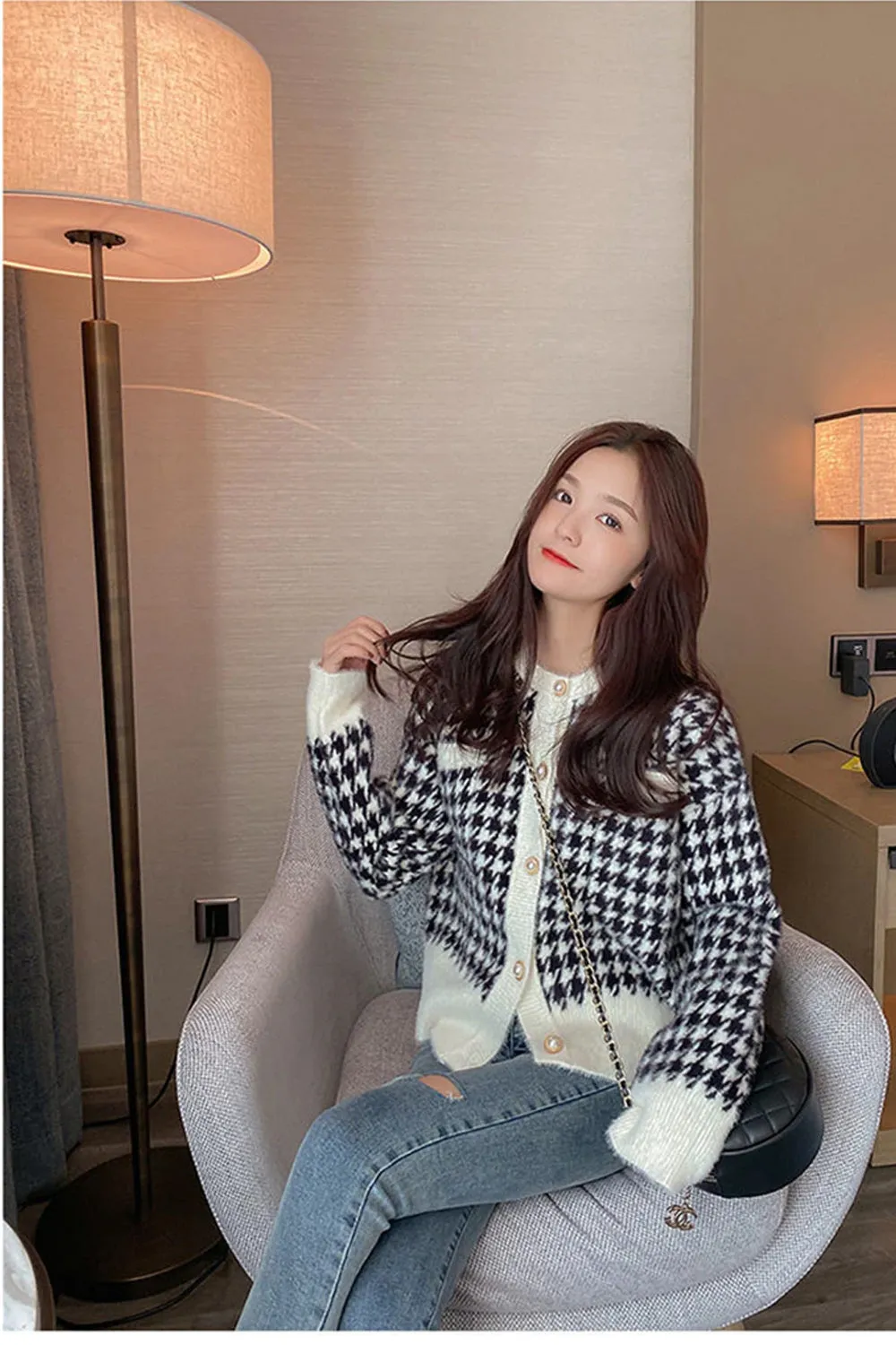 KittenAlarm - Houndstooth Pattern Long Sleeve Elegant Knitted Cardigan Sweater