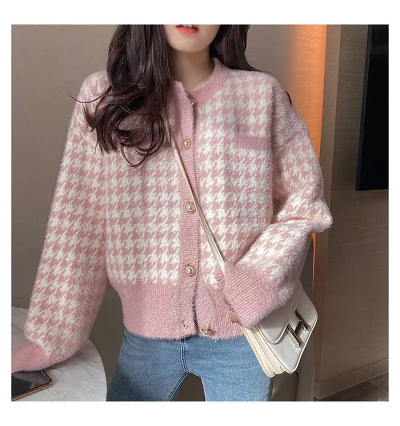 KittenAlarm - Houndstooth Pattern Long Sleeve Elegant Knitted Cardigan Sweater