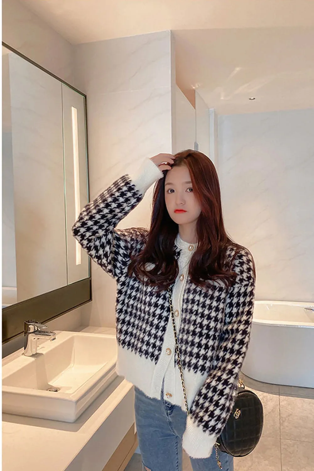 KittenAlarm - Houndstooth Pattern Long Sleeve Elegant Knitted Cardigan Sweater