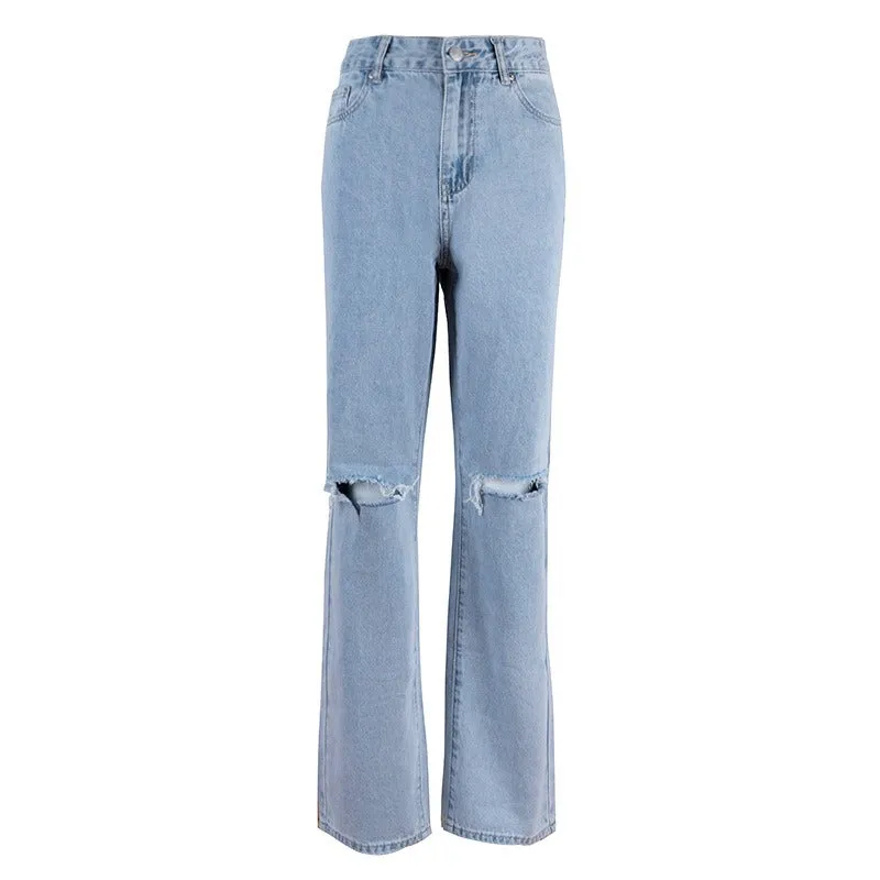 Light Blue High Waist Ripped Straight Leg Washed Denim Jeans