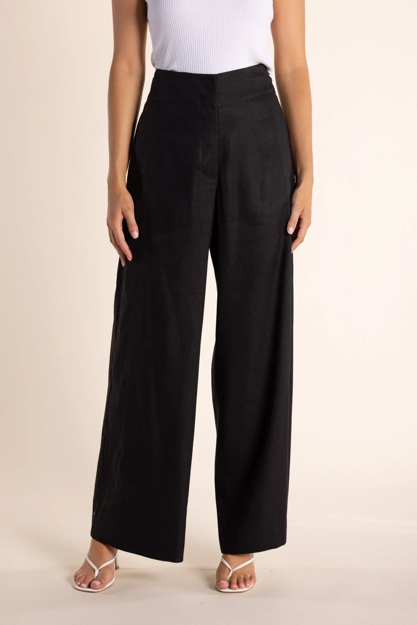 Linen Mix Wide Leg Pant | Black