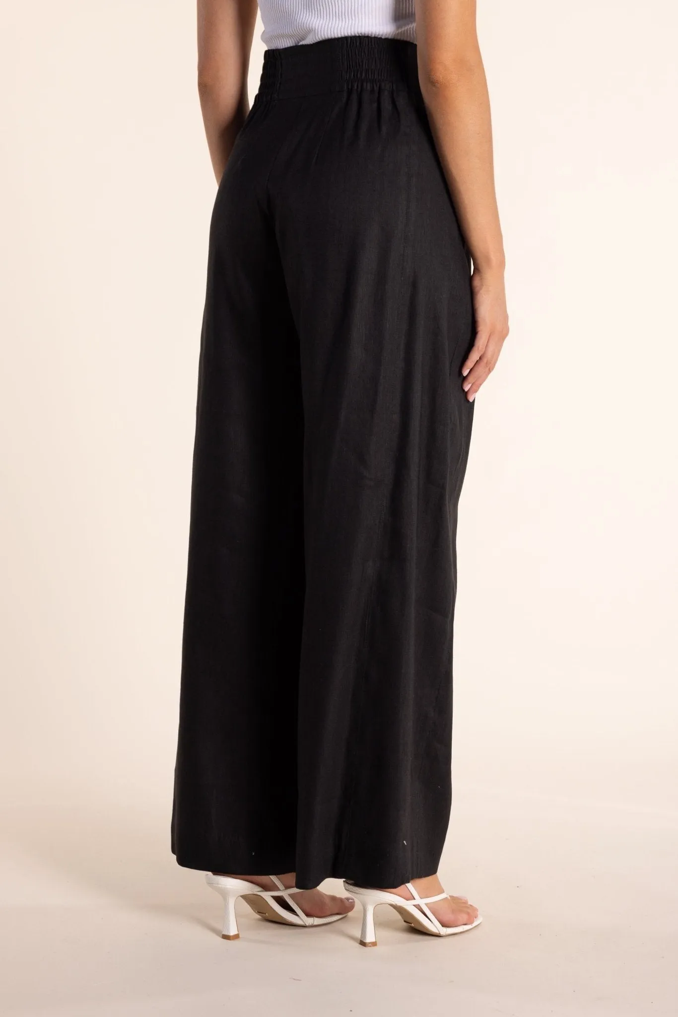 Linen Mix Wide Leg Pant | Black