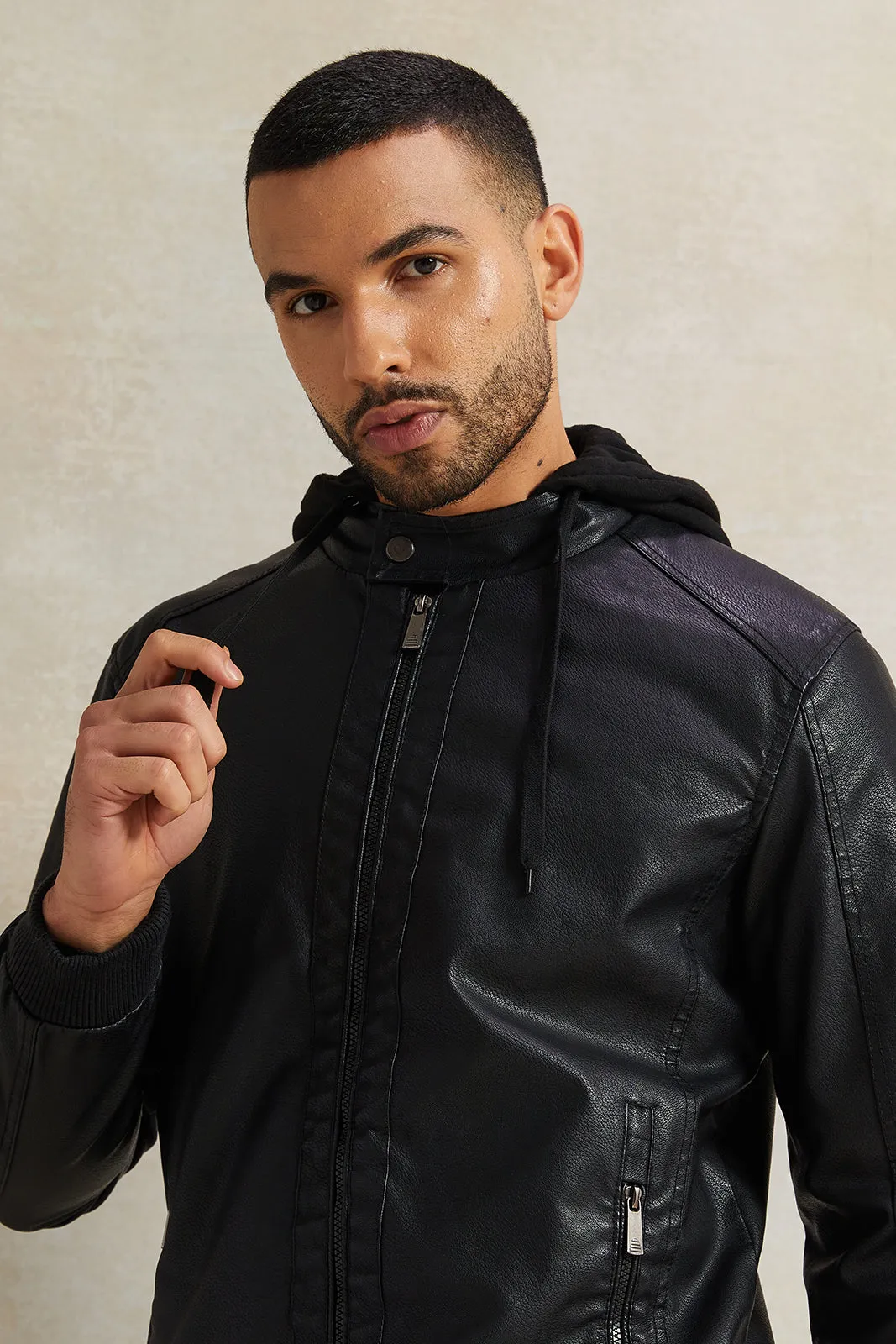 Men Black Fux Leather Hooded Biker Jacket