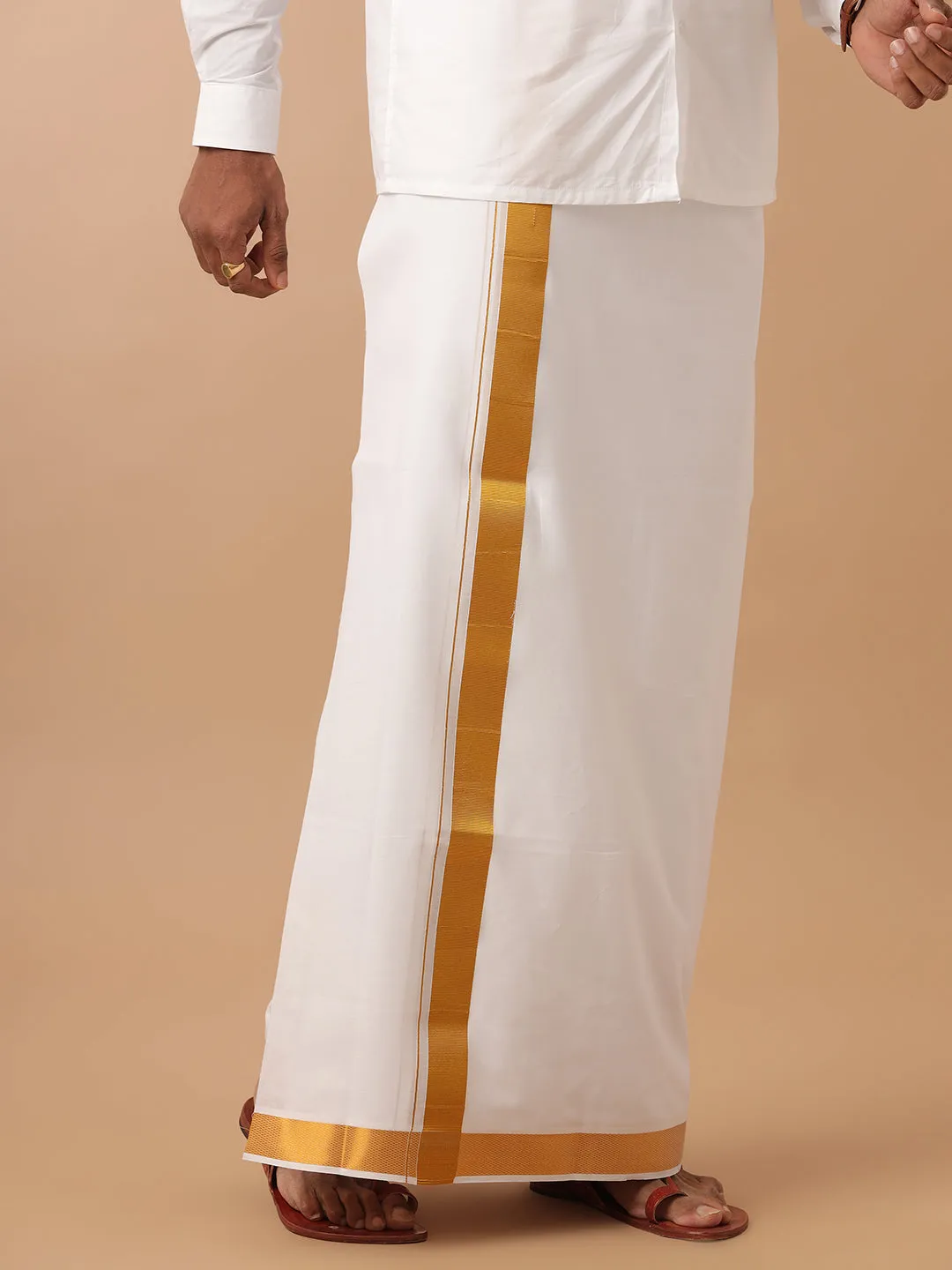 Men Double Dhoti White with Gold Jari 1 1/2" Gold Special Pet