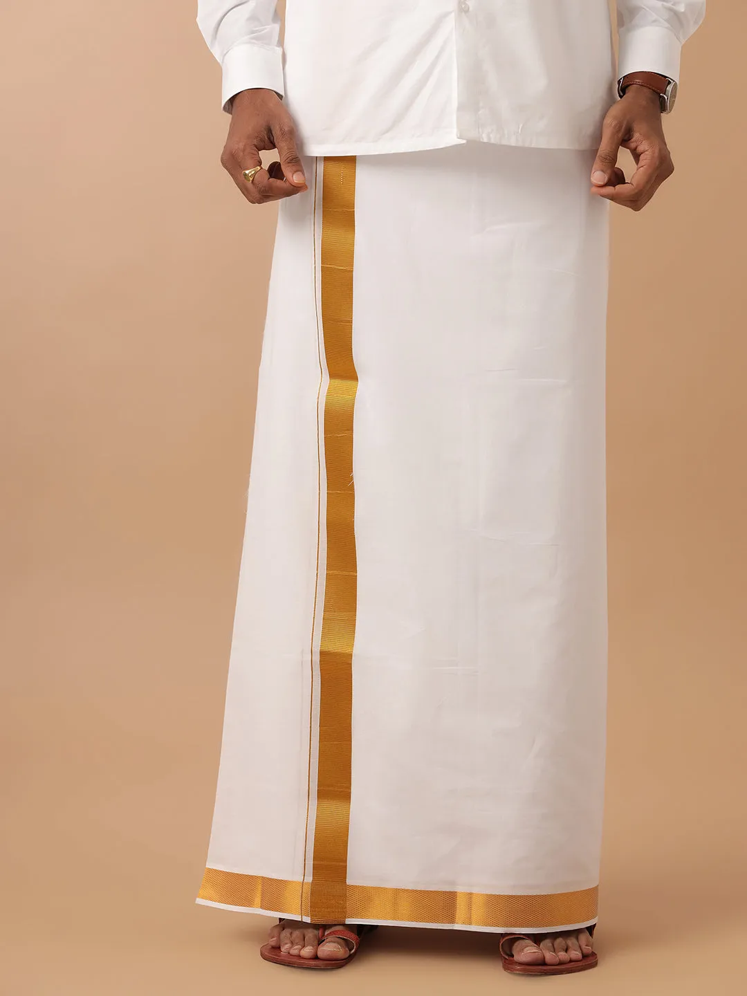 Men Double Dhoti White with Gold Jari 1 1/2" Gold Special Pet